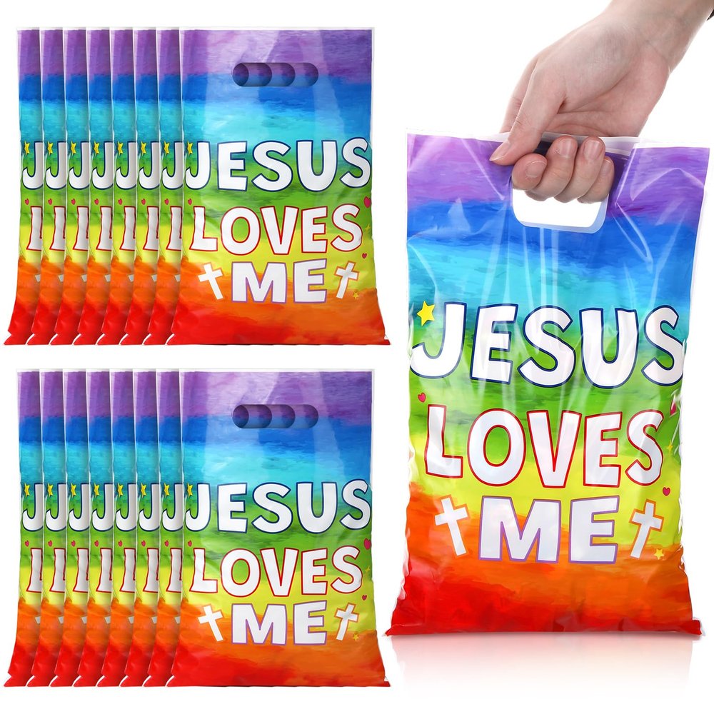 Hosuly 50 Pieces Christian Valentine's Day Gift Bags Jesus Loves Me Plastic Goody Bags with Handles Religious Treat Bag for VBS Church Party Supplies Party Favor Decoration