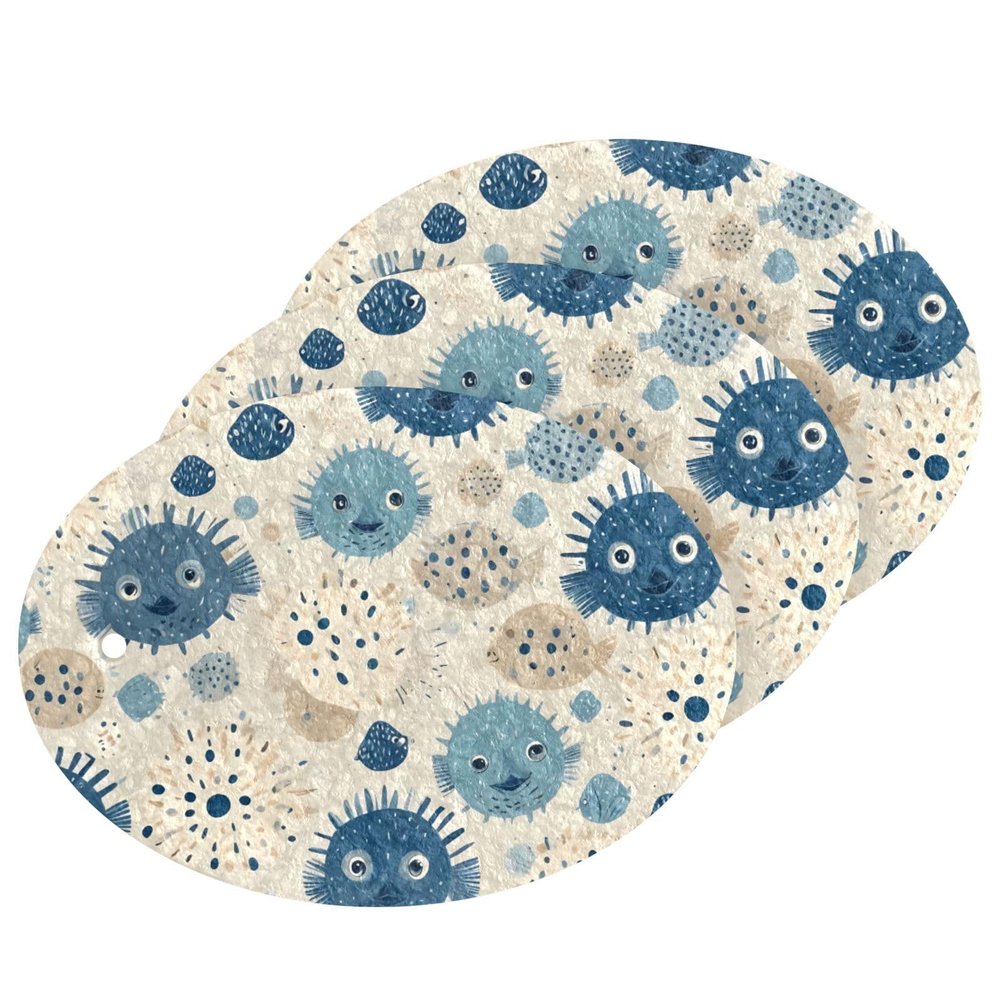 Hezely Zero Scratch Scrub Sponges, 3 Kitchen Sponges for Washing Dishes and Cleaning The Kitchen and Bath, Cleaning Power for Everyday Jobs,Blue Globefish (3 Count)