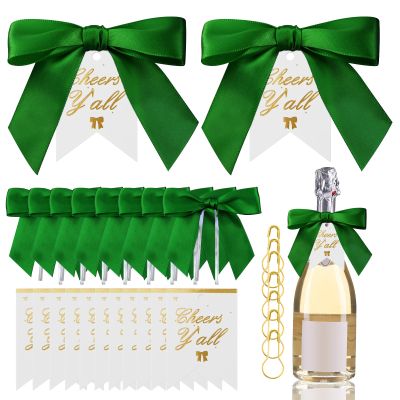 Wine Bottle Decorations Kit 50 Pcs Green Satin Ribbon Bows 3.5x2.8'' Twist Tie Bows Champagne Bottle Wraps with 50 "Cheers Y'all" Tags and 50 Pins for Birthday Wedding Party & Holiday Decor Supplies