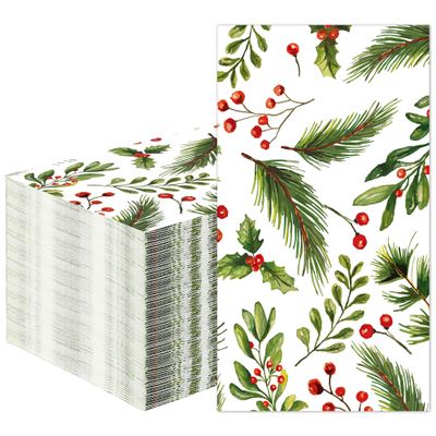 50 PCS Christmas Guest Napkins Berries Pine Paper Napkins 3-Ply Disposable Holly Berries Napkin Xmas Party Greenery Dinner Hand Towels for Winter Holiday Home Kitchen Bathroom Wedding Party Supplies