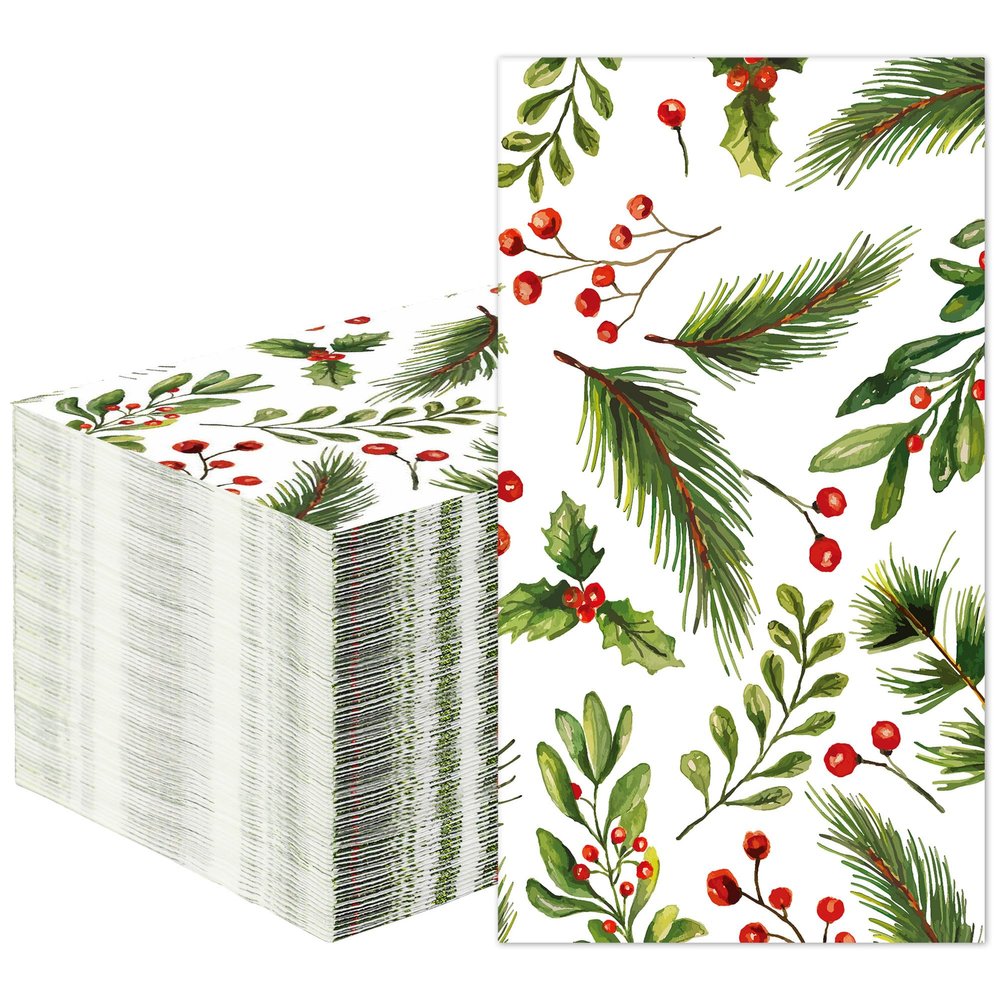 50 PCS Christmas Guest Napkins Berries Pine Paper Napkins 3-Ply Disposable Holly Berries Napkin Xmas Party Greenery Dinner Hand Towels for Winter Holiday Home Kitchen Bathroom Wedding Party Supplies