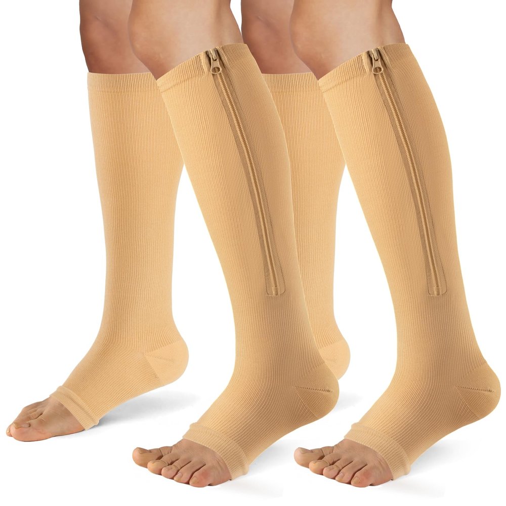 FOFLORA Zipper Compression Socks Women & Men |15-20mmHg Open Toe knee high