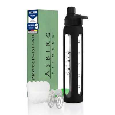 Asbirg 2.0 Fitness | Protein Shaker Made of Glass | Protein Shaker | Drinking Bottle | with Spiral Ball | 24 oz (Black)