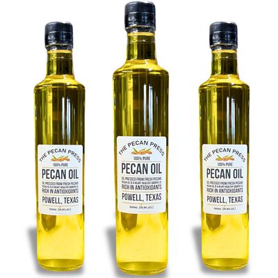100% Pure Pecan Oil, 3 Gift Pack in 500 ML Glass Bottles, Vegetable Oil Substitute, Heart Healthy Cooking Oil, Nutty Flavor, Made in Texas USA
