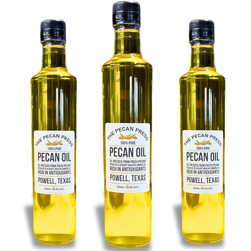 100% Pure Pecan Oil, 3 Gift Pack in 500 ML Glass Bottles, Vegetable Oil Substitute, Heart Healthy Cooking Oil, Nutty Flavor, Made in Texas USA