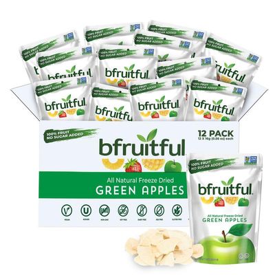 bfruitful Freeze Dried Green Apple, Freeze Dried Fruit Snacks for Kids & Adults, Fresh Fruit Bites, No Sugar Added, Vegan, Non GMO, Kosher, 0.56 oz Single-Serve Snack Packets, 12 Pack