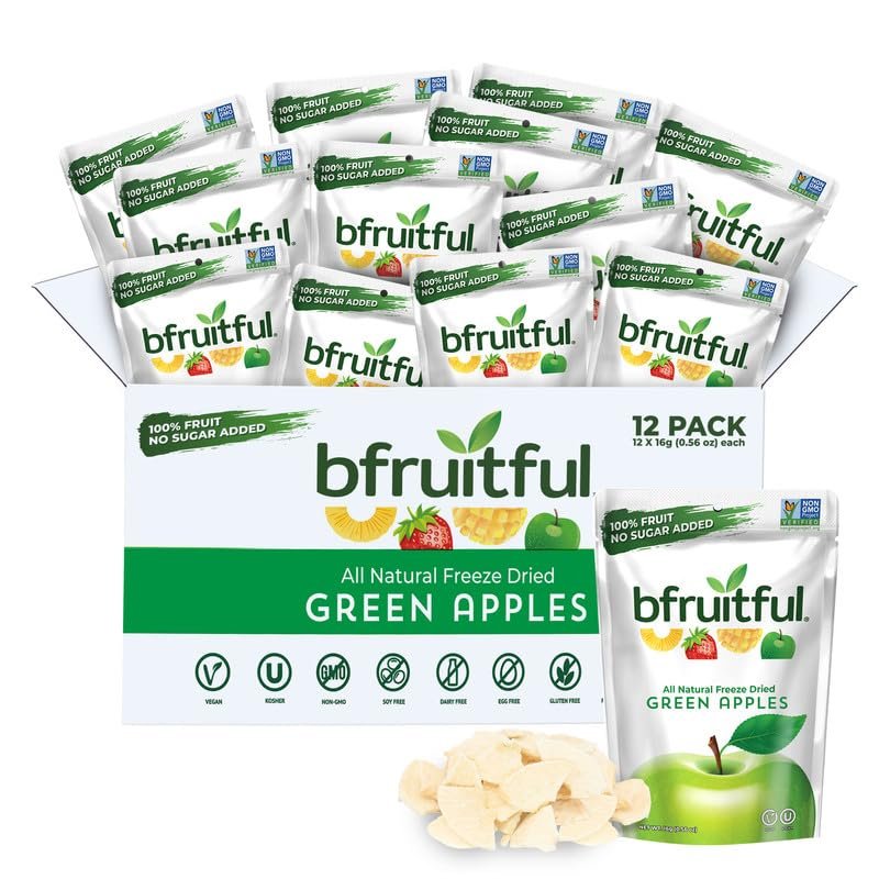 bfruitful Freeze Dried Green Apple, Freeze Dried Fruit Snacks for Kids & Adults, Fresh Fruit Bites, No Sugar Added, Vegan, Non GMO, Kosher, 0.56 oz Single-Serve Snack Packets, 12 Pack