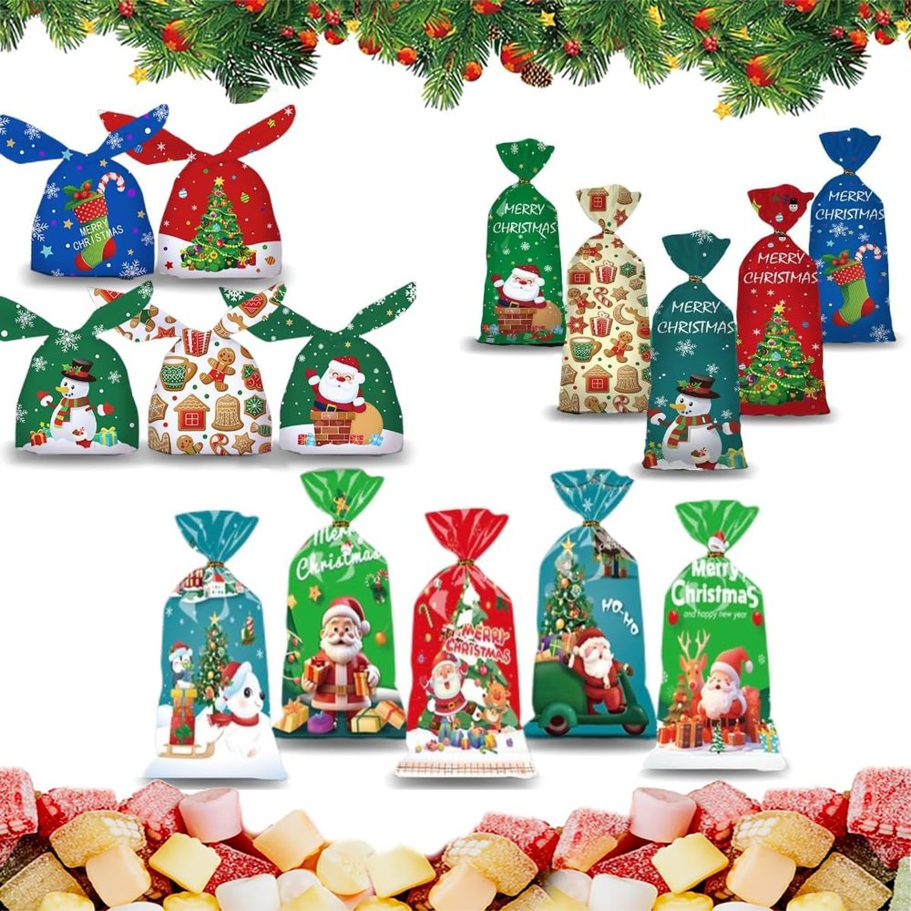 CMFYlive Christmas Candy Bags - 15 Styles, 150 Pcs with 5 Bunny Styles & 100 Twist Ties