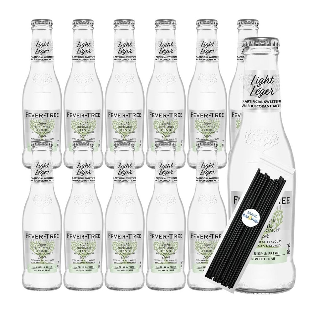 Fever Tree Premium Mixer 6.8 fl oz Glass Bottles 12 Pack + 20 Plastic Stirrer Sticks by KOOL8SHOP Infinite Deals (12 Pack, Cucumber Light)
