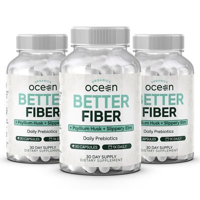 Organics Ocean Better Fiber - Daily Fiber Supplement - Soften Stool for Effortless Bowel Movements - with Psyllium Hulk and Slippery Elm - 3 Bottles