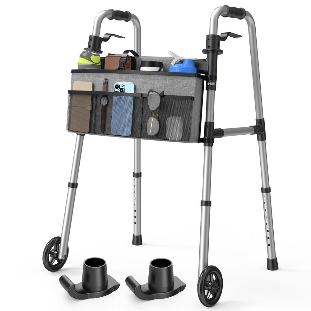 Loyoda Folding Walker with Basket and Glide Skis, 5" Wheels Lightweight Walkers for Seniors and Adults, Supports Up to 350 Pounds, Adjustable Height, Compact Standard Walker