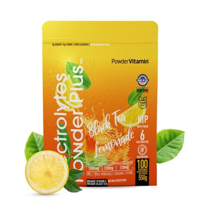 PowderVitamin Electrolytes Powder Plus (100 Servings) Black Tea Lemonade Electrolyte Powder Zero Calorie Keto,0 Sugar, No Maltodextrin,1000mg Potassium,120mg Calcium,120mg Magnesium, Hydration Powder