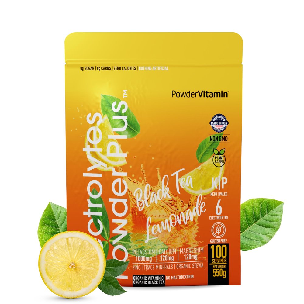 PowderVitamin Electrolytes Powder Plus (100 Servings) Black Tea Lemonade Electrolyte Powder Zero Calorie Keto,0 Sugar, No Maltodextrin,1000mg Potassium,120mg Calcium,120mg Magnesium, Hydration Powder
