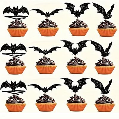 12pcs Halloween Cupcake Toppers Sparkling Black Glitter Bat Decorations For Themed Parties Birthdays Party Supplies Cake Decoration