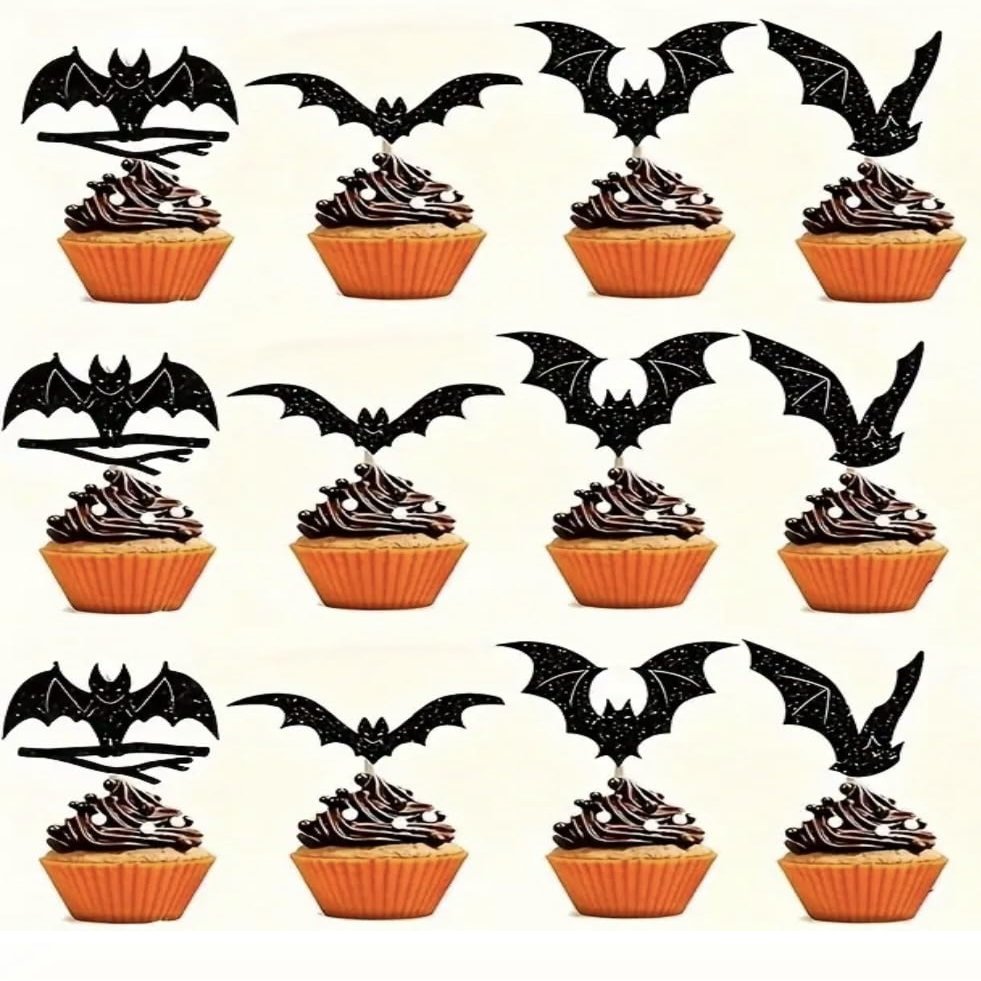 12pcs Halloween Cupcake Toppers Sparkling Black Glitter Bat Decorations For Themed Parties Birthdays Party Supplies Cake Decoration