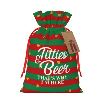 NUSDB Titties and Beer That's Why I'm Here Christmas Gift Bags, Santa Wrapping Bag,with Drawstring and Tags for Reusable