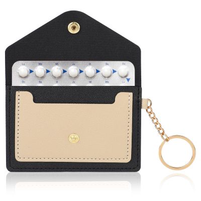 1 Pack Birth Control Pill Case Sleeve Packet 4.3 X 3 Inch PU Leather Wallet Pill Holder Privacy Protection Birth Control Pill Wallet with Key Ring for Pill Card Organizer(Black)