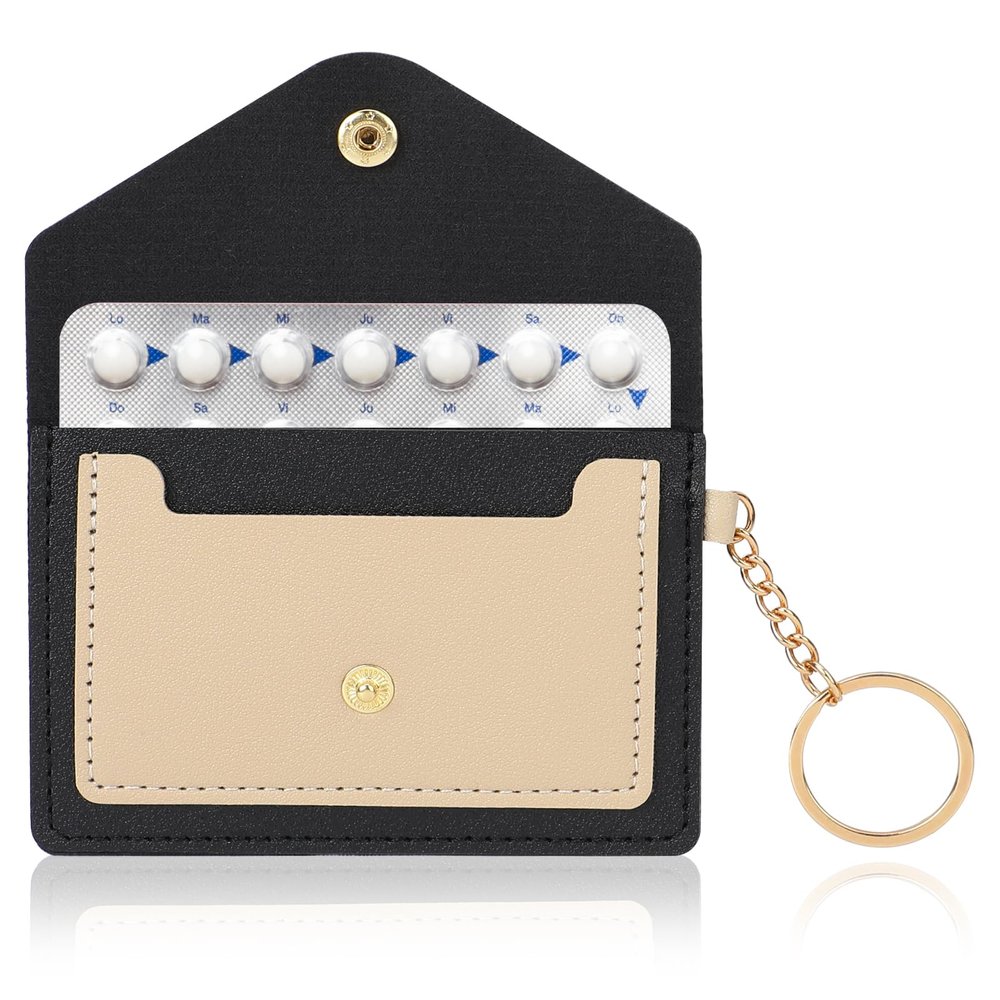 1 Pack Birth Control Pill Case Sleeve Packet 4.3 X 3 Inch PU Leather Wallet Pill Holder Privacy Protection Birth Control Pill Wallet with Key Ring for Pill Card Organizer(Black)