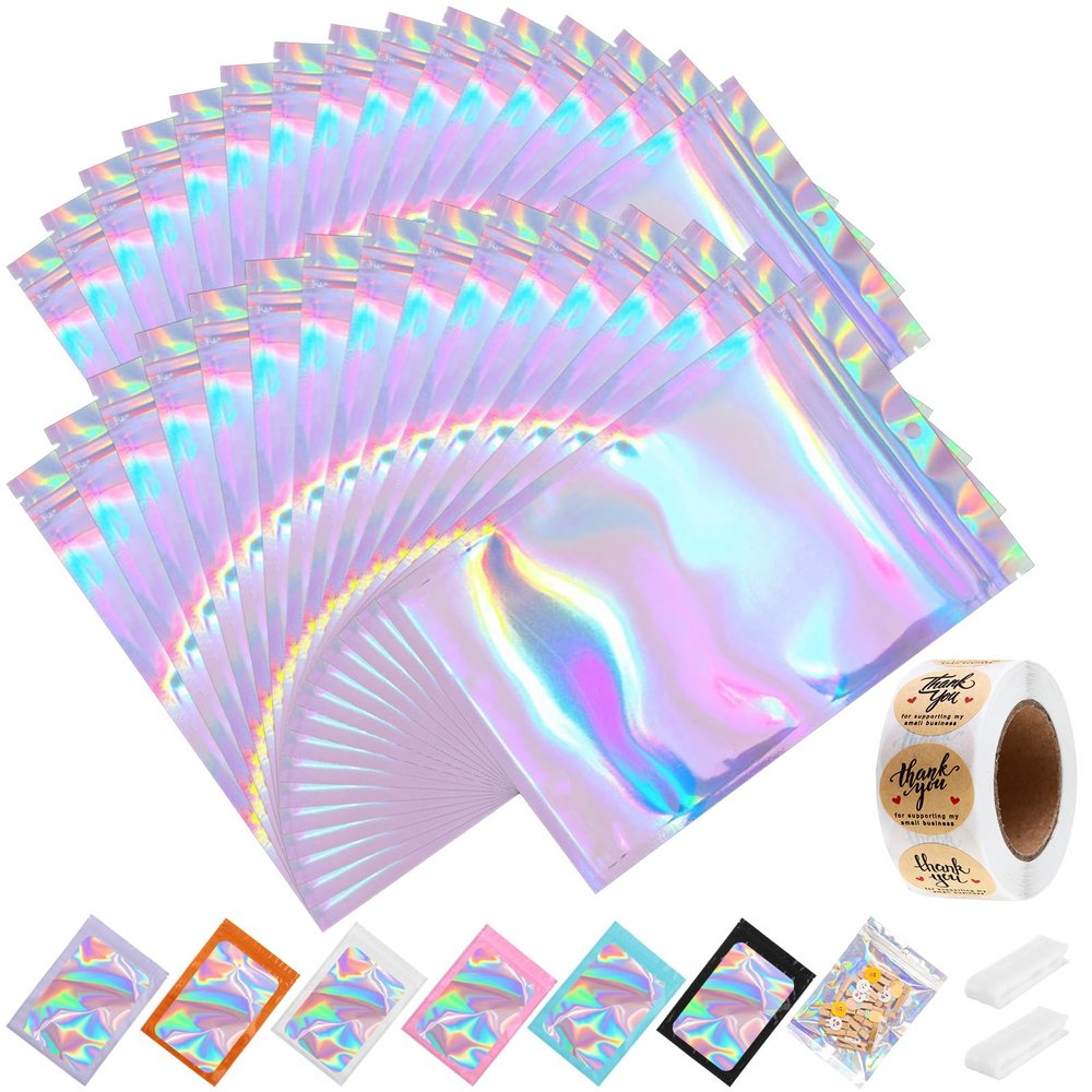 100-pack Holographic Mylar Bags with Clear Window 7.8" x 11.8" Large Resealable Foil Pouches for Food Storage Smell Proof Edible Packaging Bag for Cookies, Jewelry and Small Business