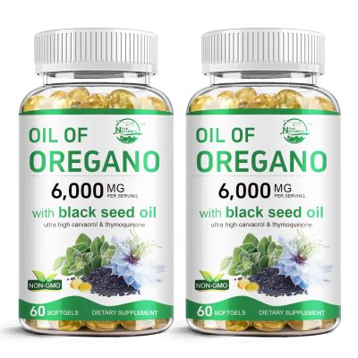 Nature's live Oil of Oregano with Black Seed Oil, 2 in 1 Oregano Supplement for Immune Health, Retains High Concentrated Carvacrol & Thymoquinone, Non-GMO, 60 Softgels, 2 Pack