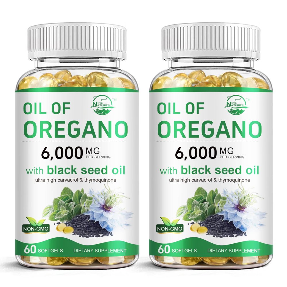 Nature's live Oil of Oregano with Black Seed Oil, 2 in 1 Oregano Supplement for Immune Health, Retains High Concentrated Carvacrol & Thymoquinone, Non-GMO, 60 Softgels, 2 Pack