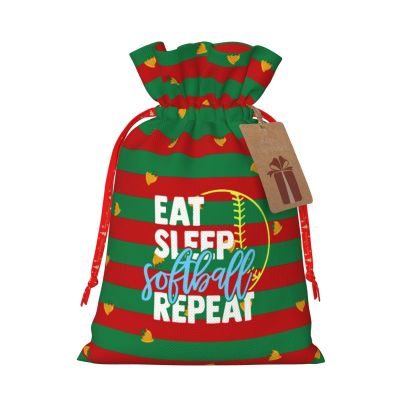 NUSDB Eat Sleep Softball Christmas Gift Bags, Santa Wrapping Bag,with Drawstring and Tags for Reusable