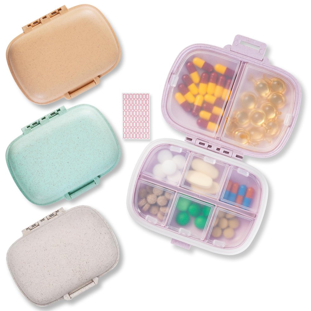 4 Pack Pill Organizer - Travel Pill Box with Label, 8 Compartment Daily Pill Case for Pocket Purse, Medicine Case, Waterproof Portable Pill Supplement Case, Travel Pill Container to Hold Vitamin