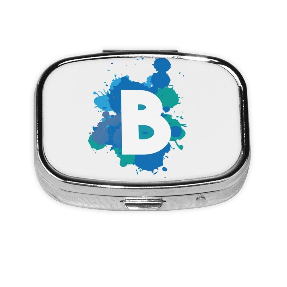 Custom Initials Pill Box Organizer with Your Name, Colorful Personalized Pill Holder Container for Vitamins with Text Ideal for Travel, Pocket, and Purse, Splatter Letter B