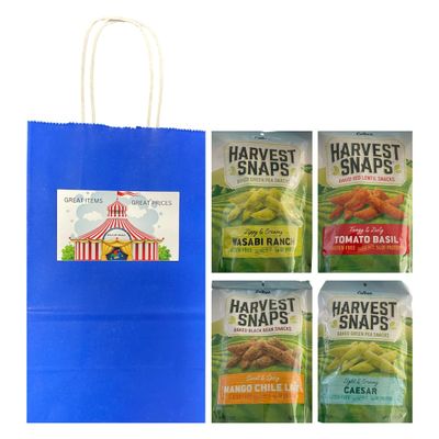 Big Top Deals USA Paper Snack Bag Bundle w/Harvest Snaps Veggie Chips 4-Pack - Mango Chili Lime, Caesar, Wasabi Ranch, Tomato Basil - Multipack Healthy Baked Snacks, Custom Gift Variety
