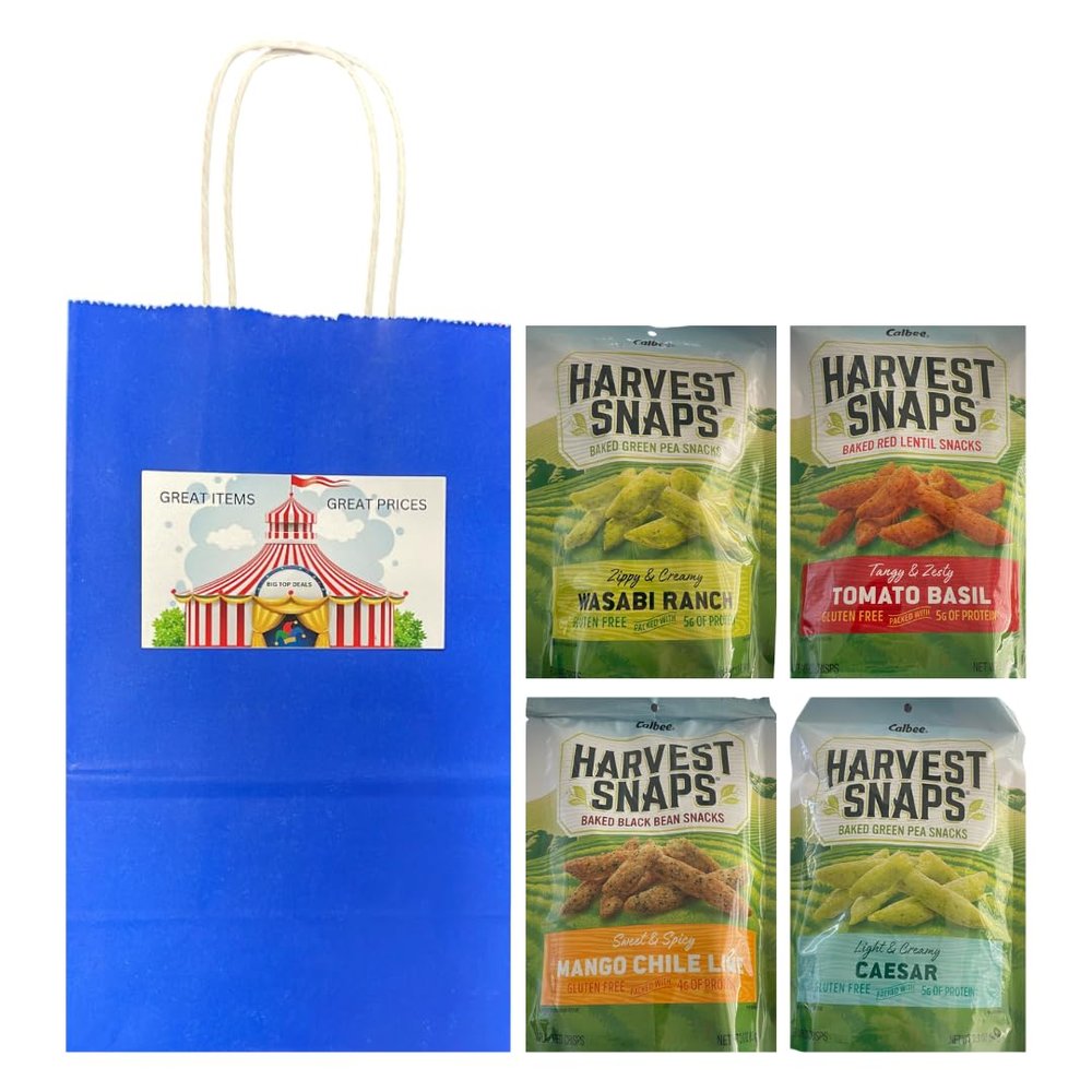 Big Top Deals USA Paper Snack Bag Bundle w/Harvest Snaps Veggie Chips 4-Pack - Mango Chili Lime, Caesar, Wasabi Ranch, Tomato Basil - Multipack Healthy Baked Snacks, Custom Gift Variety