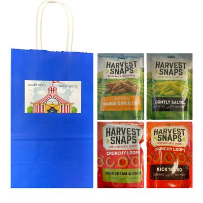 Big Top Deals USA Blue Paper Bag with Veggie Chips Variety Pack  4ct Harvest Snaps Bags  Mango Chili Lime, Lightly Salted, Kick'n BBQ, Sour Cream & Onion  Crunchy Baked Snacks