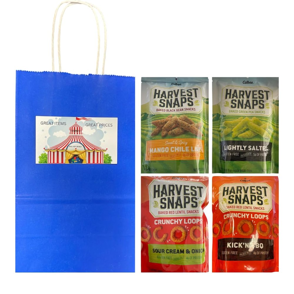 Big Top Deals USA Blue Paper Bag with Veggie Chips Variety Pack  4ct Harvest Snaps Bags  Mango Chili Lime, Lightly Salted, Kick'n BBQ, Sour Cream & Onion  Crunchy Baked Snacks