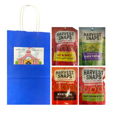 Big Top Deals USA Custom Snack Bundle with Veggie Chips 4 Flavor Variety (BBQ, Spicy, Sour Cream, Black Pepper) in Blue Paper Bag 4-Pack 5.25x3.2x8 in