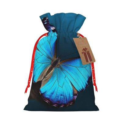 Christmas Gift Bag with Drawstring Burlap Gift Bag with Tags Christmas Drawstring Bag for Xmas Halloween Candy Bags Beautiful blue butterfly Gift Bags for Party Decorations Holiday Wedding Presents Small