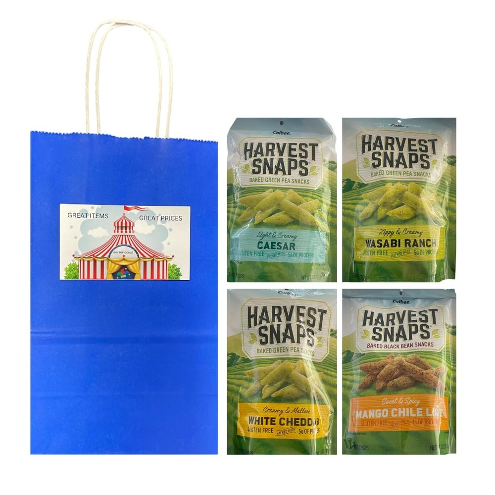 Big Top Deals USA Blue Paper Bag with Snaps Veggie Chips 4-Pack (Cheddar, Mango Chili Lime, Caesar, Wasabi Ranch)  5.25x3.2x8 Custom Bundle