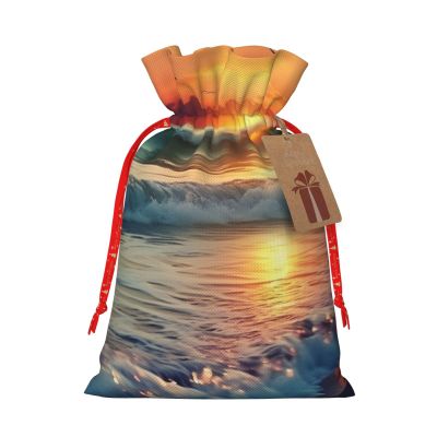 Christmas Gift Bag with Drawstring Burlap Gift Bag with Tags Christmas Drawstring Bag for Xmas Halloween Candy Bags Sunset Seaside Gift Bags for Party Decorations Holiday Wedding Presents Small