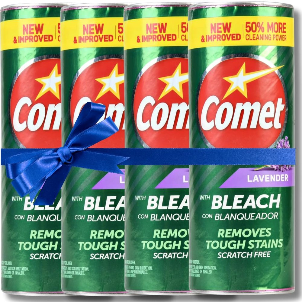 Pet4Homy Comet Lavender Scented All Purpose Cleaning Powder with Bleach (4-Pack, 21 oz) Bundle Cleaning Gloves, Cleaning Brush, and Multipurpose Wire Miracle Cleaning Cloths (4 Items)
