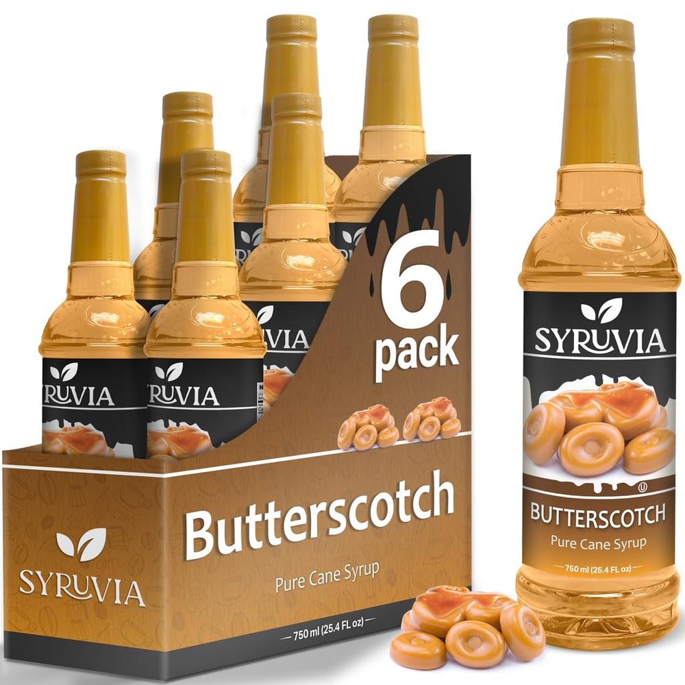 Butterscotch Syrup by Syruvia 6-Pack, 25.4 fl oz, Wholesale Coffee Syrup Shops, Cafes, Baristas, Bistros, & Beverage Bars, Bulk Kosher & Gluten-Free