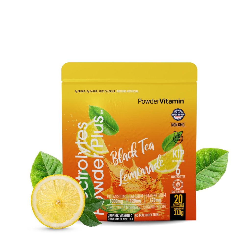 PowderVitamin Electrolytes Powder Plus (20 Servings) Black Tea Lemonade Electrolyte Powder Keto, Sugar Free, Pink Himalayan Salt,1000mg Potassium,120mg Calcium,120mg Magnesium, Hydration Powder