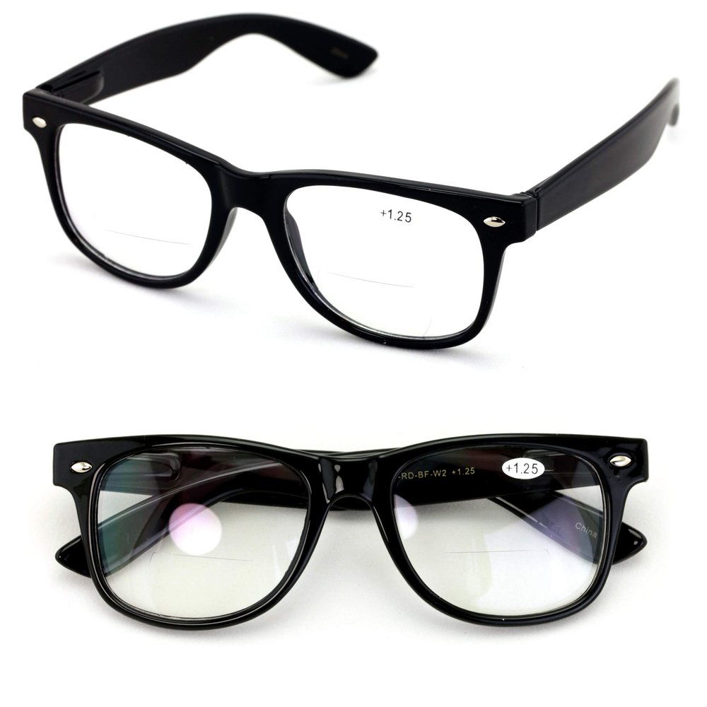 V.W.E. 2 Pairs of Comfortable Classic Retro Reading Glasses - Bifocals - Spring Hinge - Clear Transparent Frame (2 Black, 1.75, x)
