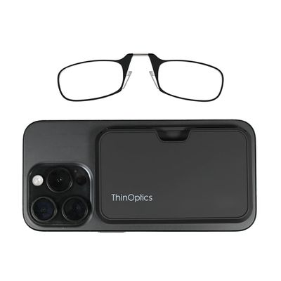 ThinOptics Readers with Magsafe Compatible Case - Armless On-Nose Reading Glasses - Slim Case Attaches to Phone - Black 2.0x
