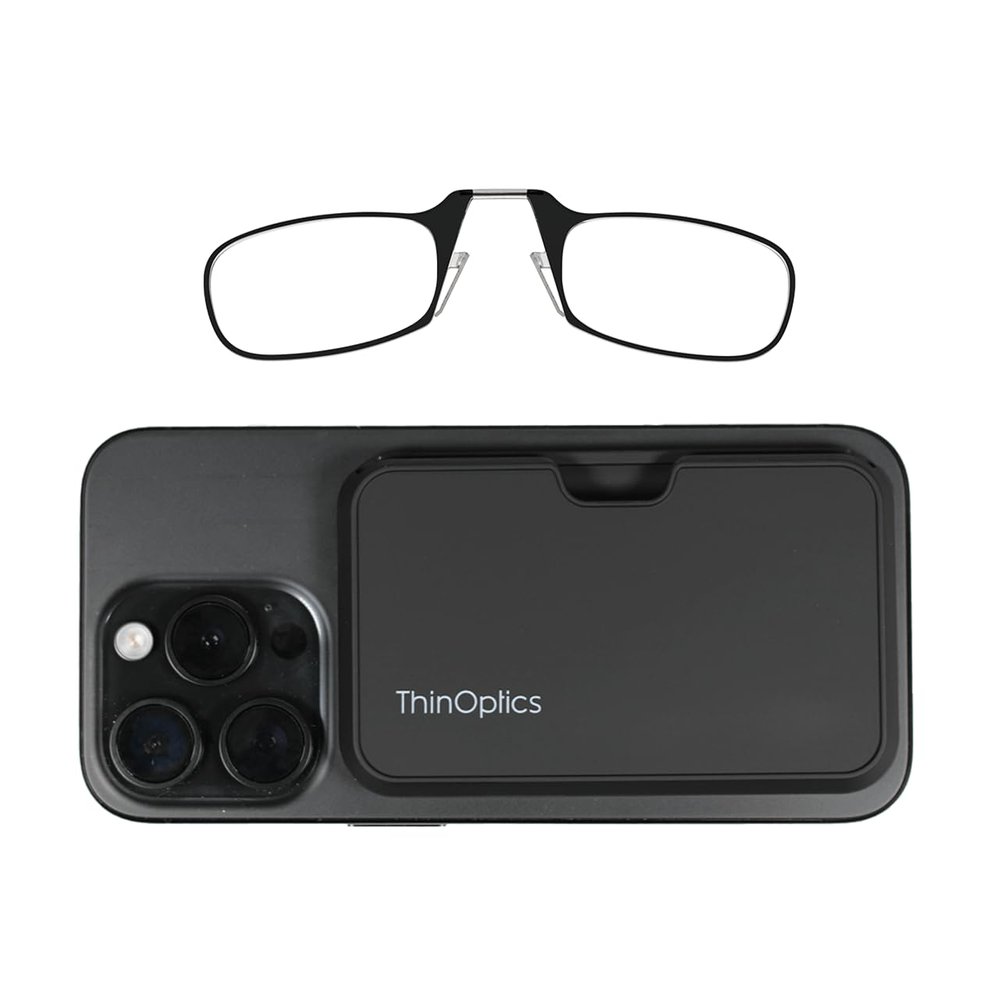 ThinOptics Readers with Magsafe Compatible Case - Armless On-Nose Reading Glasses - Slim Case Attaches to Phone - Black 2.0x
