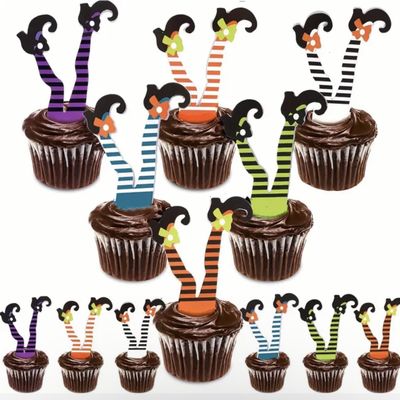 10 Pcs Halloween Cupcake Toppers Witch Leg Feet Boot Cake Picks Paper Cupcake Dish Decoration Happy Halloween Props Theme Birthday Party Cake Topper Favors Supplies Cake Decor