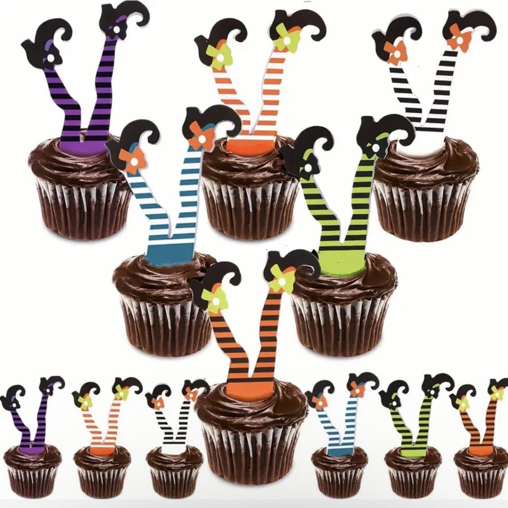 10 Pcs Halloween Cupcake Toppers Witch Leg Feet Boot Cake Picks Paper Cupcake Dish Decoration Happy Halloween Props Theme Birthday Party Cake Topper Favors Supplies Cake Decor