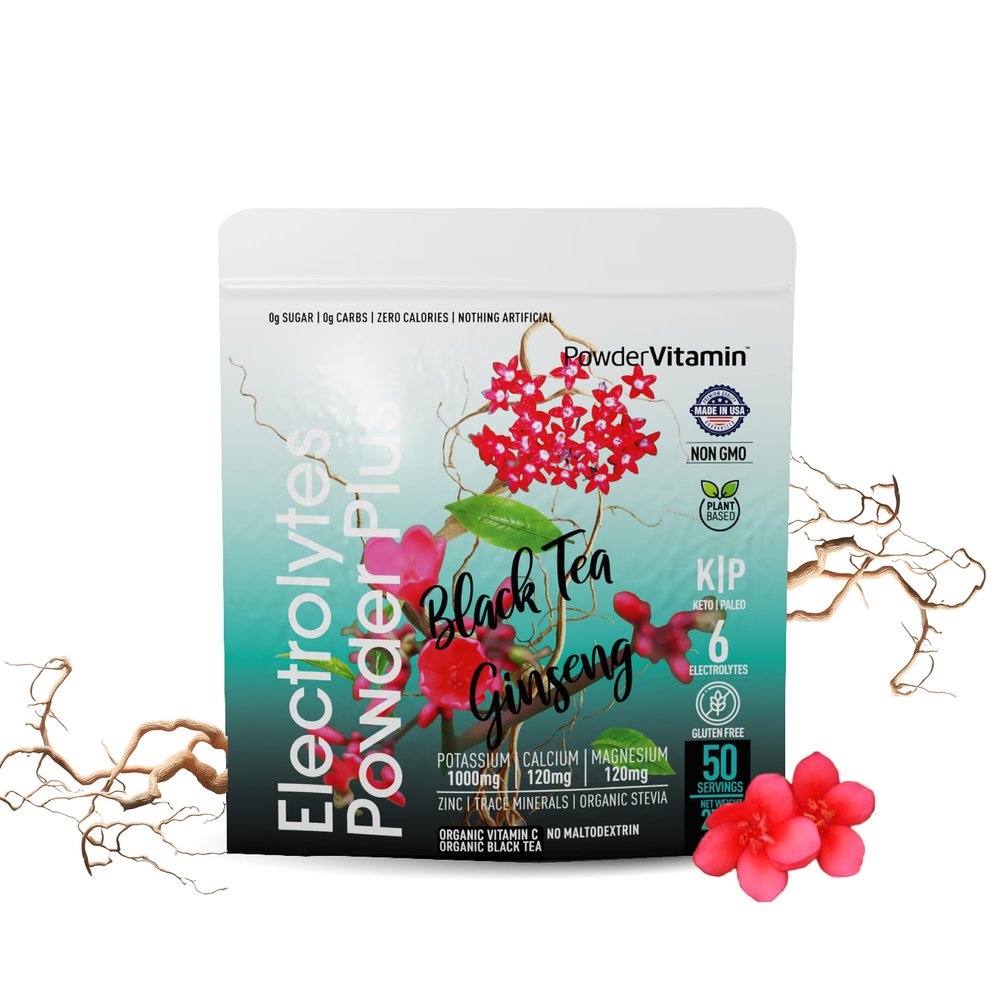 PowderVitamin Electrolytes Powder Plus (50 Servings) Black Tea Ginseng Electrolyte Powder Keto, Sugar Free, Pink Himalayan Salt,1000mg Potassium,120mg Calcium,120mg Magnesium, Hydration Powder