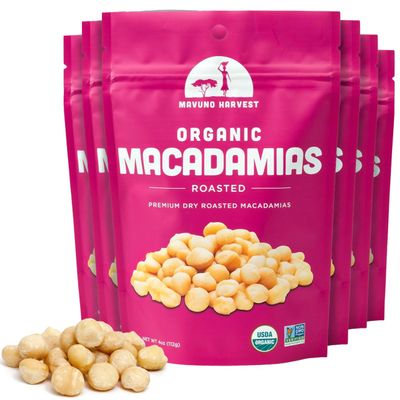 Mavuno Harvest Organic Roasted Macadamia Nuts | Dry Roasted Whole Macadamia Nuts | Vegan, Non GMO Healthy Snacks for Kids and Adults | Office Friendly Work Snack | 4 Ounce, Pack of 6