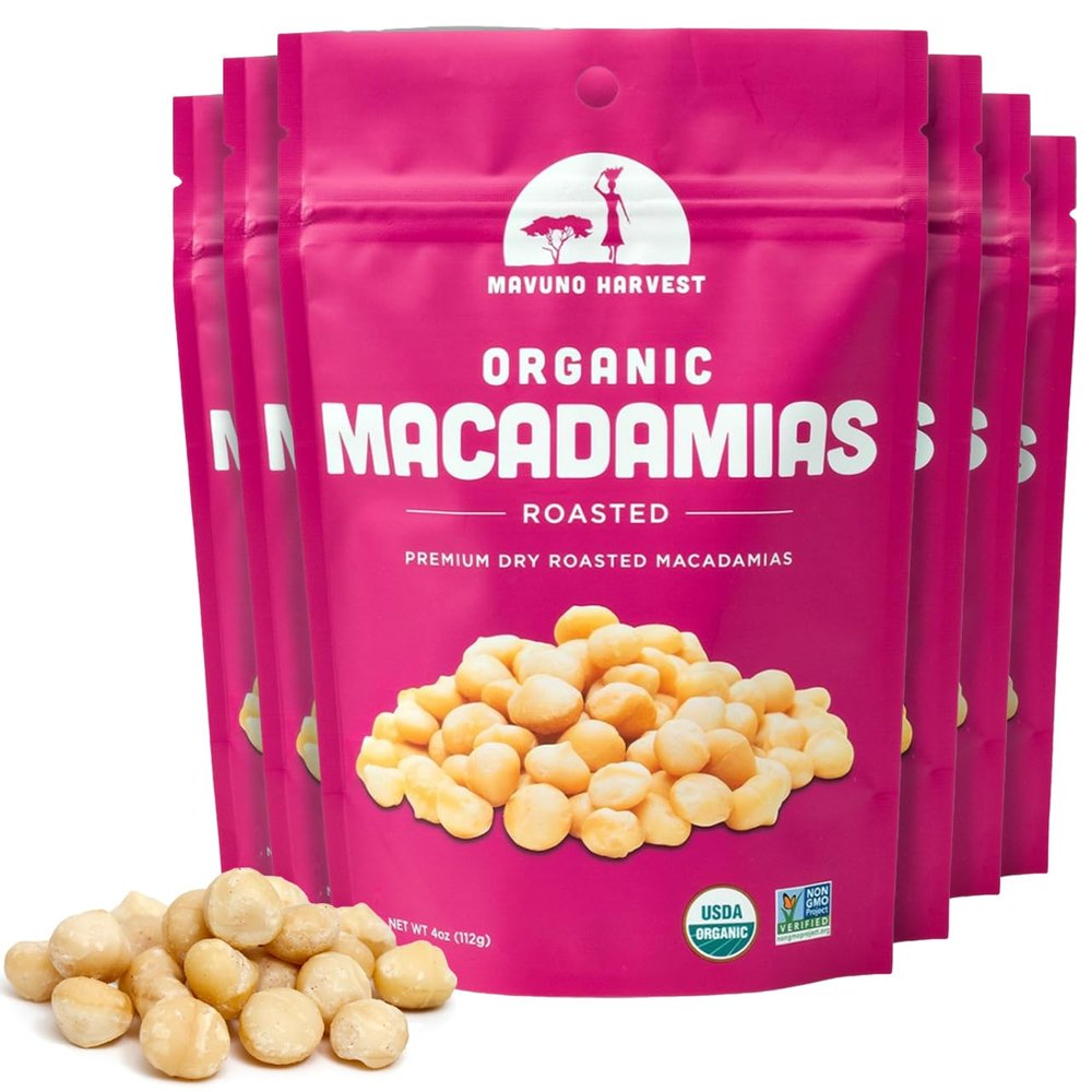 Mavuno Harvest Organic Roasted Macadamia Nuts | Dry Roasted Whole Macadamia Nuts | Vegan, Non GMO Healthy Snacks for Kids and Adults | Office Friendly Work Snack | 4 Ounce, Pack of 6