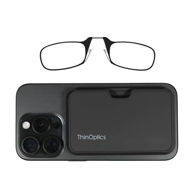 ThinOptics Readers with Magsafe Compatible Case - Armless On-Nose Reading Glasses - Slim Case Attaches to Phone - Black 1.5x