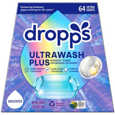 Dropps UltraWash Plus Dishwasher Detergent, Unscented (64 Pods) - Triple Action Biobased Power Deep Clean Dishwasher Detergent Tablets for Tough Stains - Dishwashing Pods for Shiny Dishes