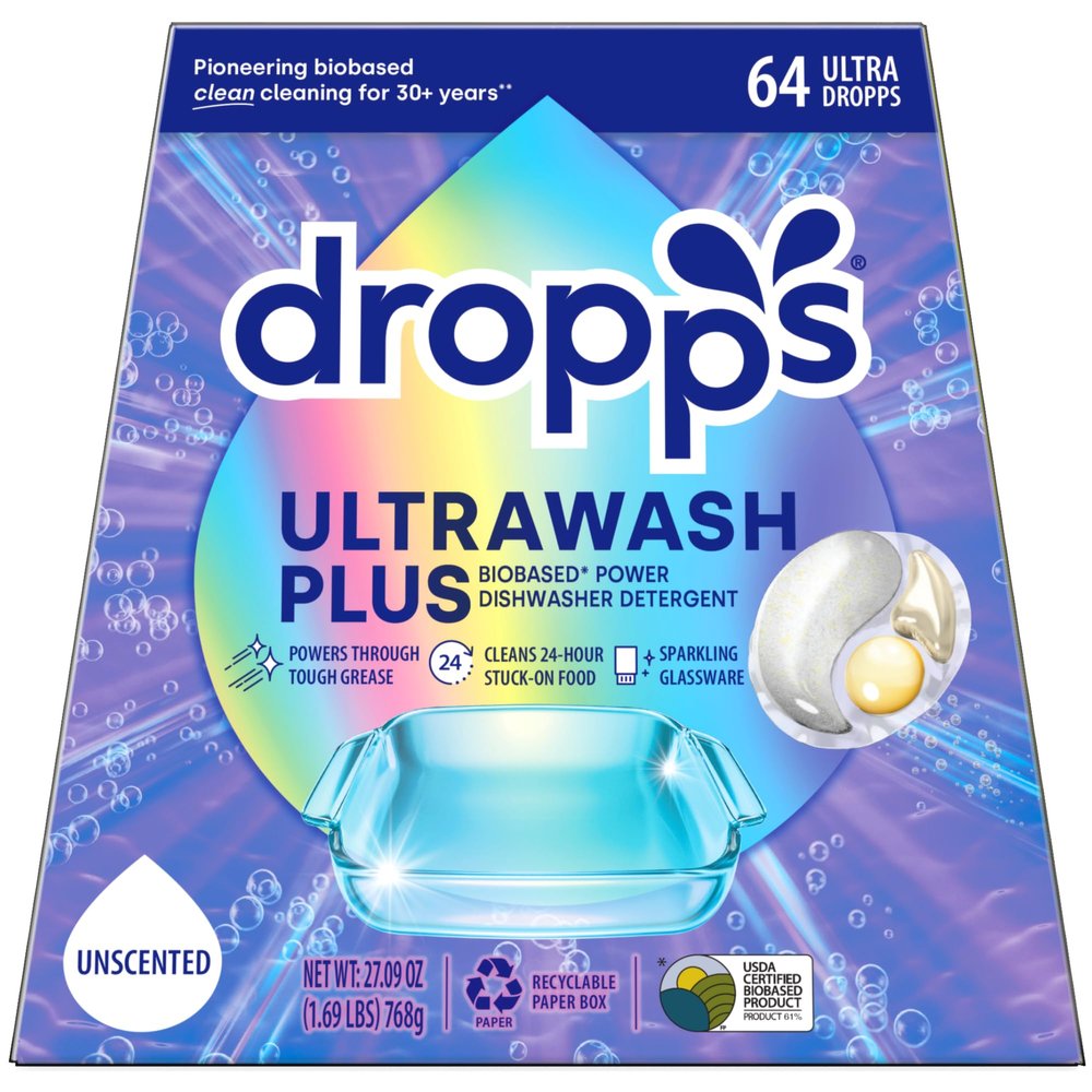 Dropps UltraWash Plus Dishwasher Detergent, Unscented (64 Pods) - Triple Action Biobased Power Deep Clean Dishwasher Detergent Tablets for Tough Stains - Dishwashing Pods for Shiny Dishes